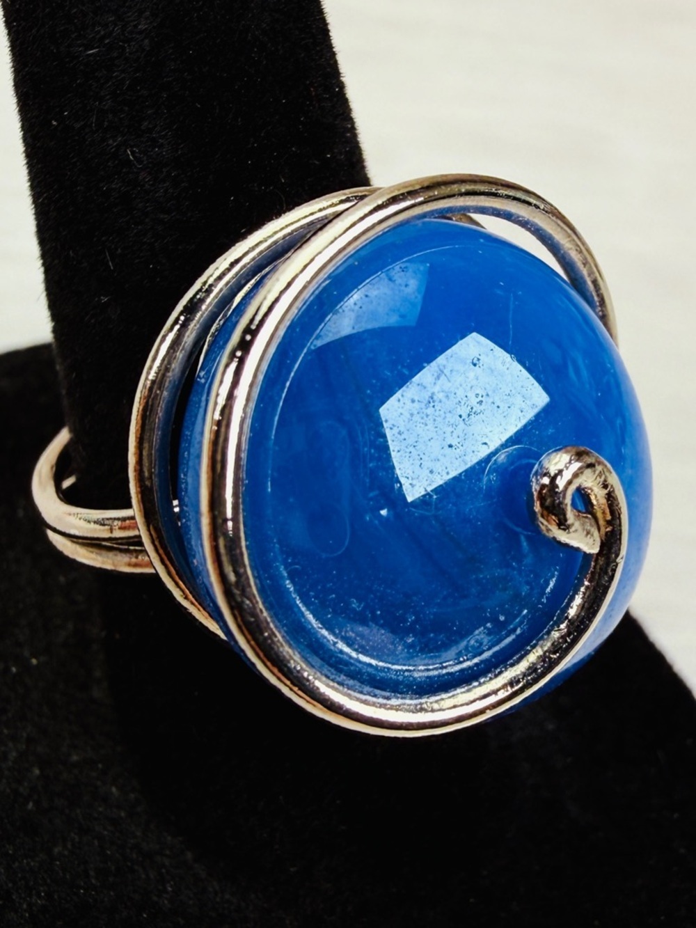 Interesting Blue and Silvertone wire wrap Swirl adjustable Ring
